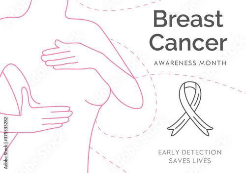 Banner with pink outline style woman. Woman silhouette lined art. Self Check For Breast Cancer. Awareness month with ribbon icon. Mammary cancer campaign vector illustration with typography.