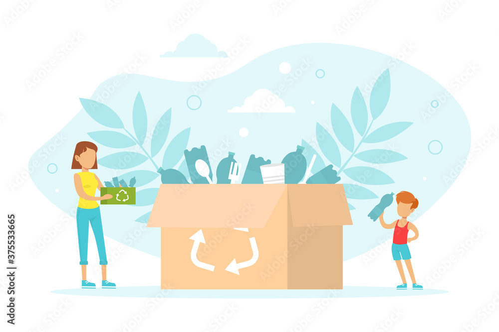 Tiny People Collecting Plastic Garbage into Cardboard Box for Recycling, Ecology and Environment Protection Concept Flat Vector Illustration Tiny People Collecting Plastic Garbage into Cardboard Box for Recycling, Ecology and Environment Protection Concept Flat Vector Illustration