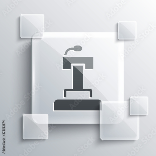 Grey Stage stand or debate podium rostrum icon isolated on grey background. Conference speech tribune. Square glass panels. Vector.
