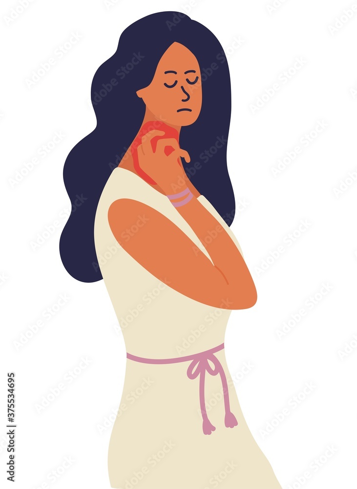 Caucasian woman is scratching skin on her neck or throat with nails. Eczema, allergies, atopic dermatitis, dry skin. Skin problems. Redness and itching. Cartoon Hand drawn vector . Caucasian woman is scratching skin on her neck or throat with nails. Eczema, allergies, atopic dermatitis, dry skin. Skin problems. Redness and itching. Cartoon Hand drawn vector .
