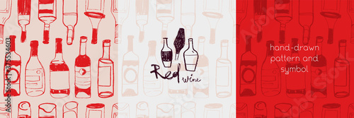 Wine club logo with hand-drawn vector seamless pattern bottles silhouettes. Wine estate logo of shop emblems, festival design, vintage winery identity. Drawings for vineyard and grape-themed concept.