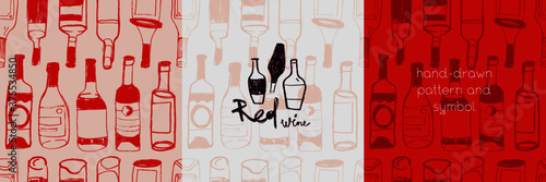 Vineyard logo with hand-drawn vector seamless pattern bottles silhouettes. Wine estate logo of shop emblems, festival design, vintage winery identity. Drawings for vineyard and grape-themed concept. 