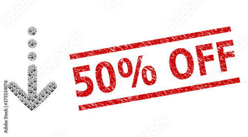 Recursive mosaic send down and 50% Off textured stamp seal. Vector collage is done of random send down elements. Stamp seal includes 50% Off tag between parallel lines.
