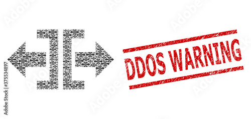 Fractal collage divide horizontal direction and Ddos Warning unclean stamp seal. Vector collage is created of recursive divide horizontal direction parts.