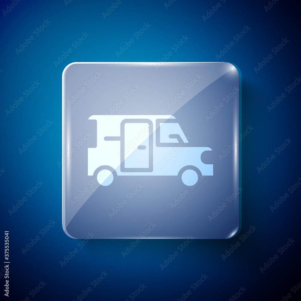 White Minibus icon isolated on blue background. Square glass panels. Vector. White Minibus icon isolated on blue background. Square glass panels. Vector.