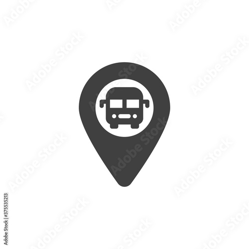 Bus stop location pin vector icon. filled flat sign for mobile concept and web design. Map pointer with bus glyph icon. Symbol, logo illustration. Vector graphics