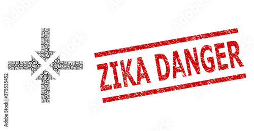 Fractal collage compress arrows and Zika Danger textured stamp. Vector collage is created of randomized compress arrows parts. Stamp seal includes Zika Danger title between parallel lines.