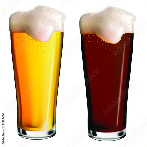 
An isolated image of light and dark beer with foam. Realistic vector illustration of glasses with beer. Holiday Oktoberfest.