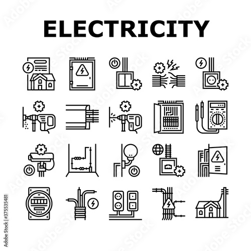 Electrical Installation Tool Icons Set Vector. Socket And Substation Automation Box Installation, Wall Chipping And Drilling For Wiring Black Contour Illustrations