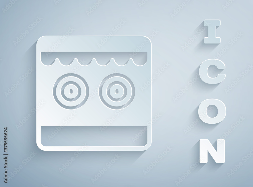 Paper cut Shooting gallery icon isolated on grey background. Paper art style. Vector. Paper cut Shooting gallery icon isolated on grey background. Paper art style. Vector.