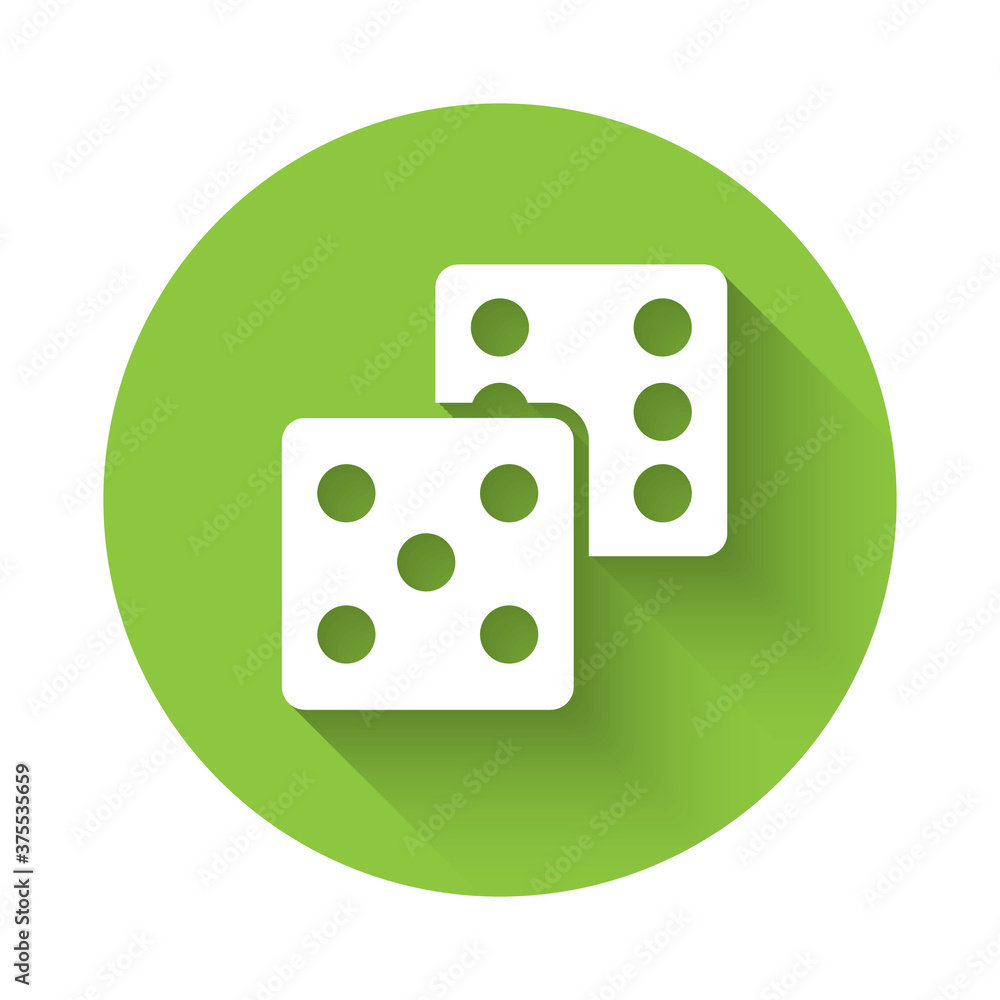 White Game dice icon isolated with long shadow. Casino gambling. Green circle button. Vector. White Game dice icon isolated with long shadow. Casino gambling. Green circle button. Vector.