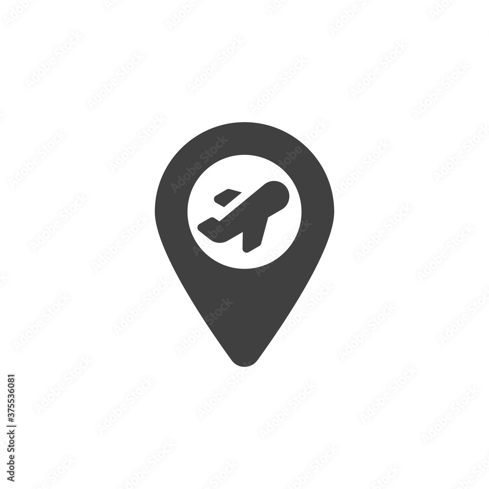 Airport location pin vector icon. filled flat sign for mobile concept and web design. Map marker with airplane glyph icon. Symbol, logo illustration. Vector graphics Airport location pin vector icon. filled flat sign for mobile concept and web design. Map marker with airplane glyph icon. Symbol, logo illustration. Vector graphics
