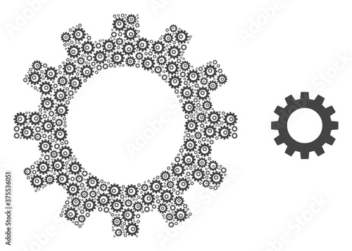 Vector gearwheel mosaic is formed from scattered recursive gearwheel pictograms. Recursive combination of gearwheel.