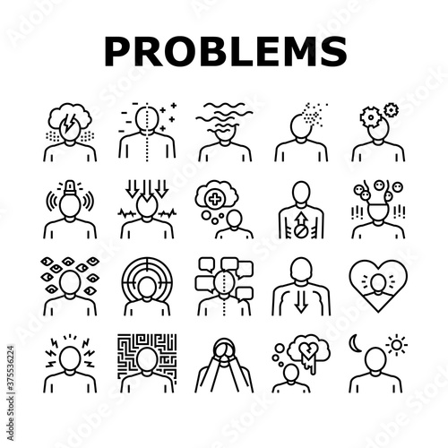 Psychological Problems Collection Icons Set Vector. Depression And Bipolar Disorder, Schizophrenia And Dementia, Autism And Stress Problems Black Contour Illustrations