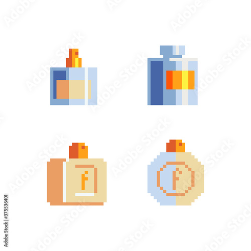 Parfumerie flasks, glass bottle of liquid pixel art 1-bit icon. Design for stamp, logo, sticker, mobile app, website. 8-bit sprite. Isolated vector illustration. 