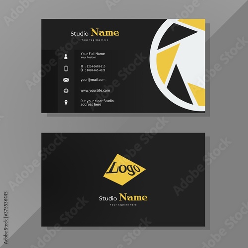 Vector graphics of business card in modern style in black, yellow and white. Perfect to use for movie maker studio