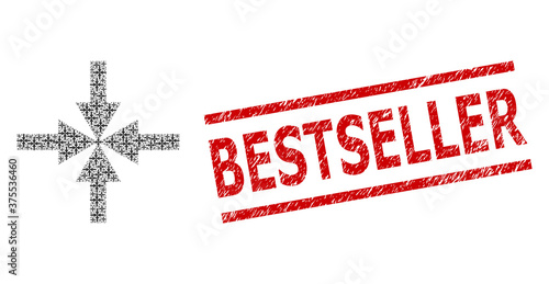 Recursive collage compress arrows and Bestseller textured stamp seal. Vector mosaic is created with recursive compress arrows elements. Stamp includes Bestseller text between parallel lines.