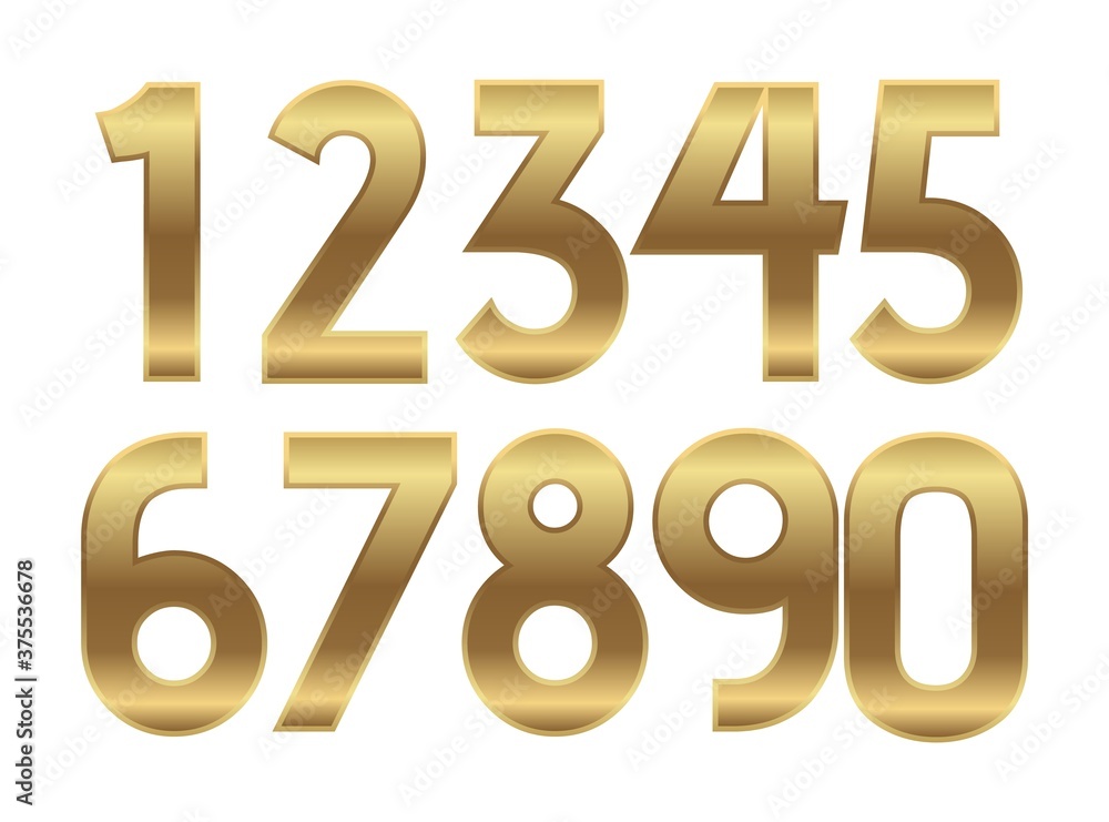 Gold numbers. Metal golden fashion alphabet. Vector realistic 123 text illustrations Gold numbers. Metal golden fashion alphabet. Vector realistic 123 text illustrations