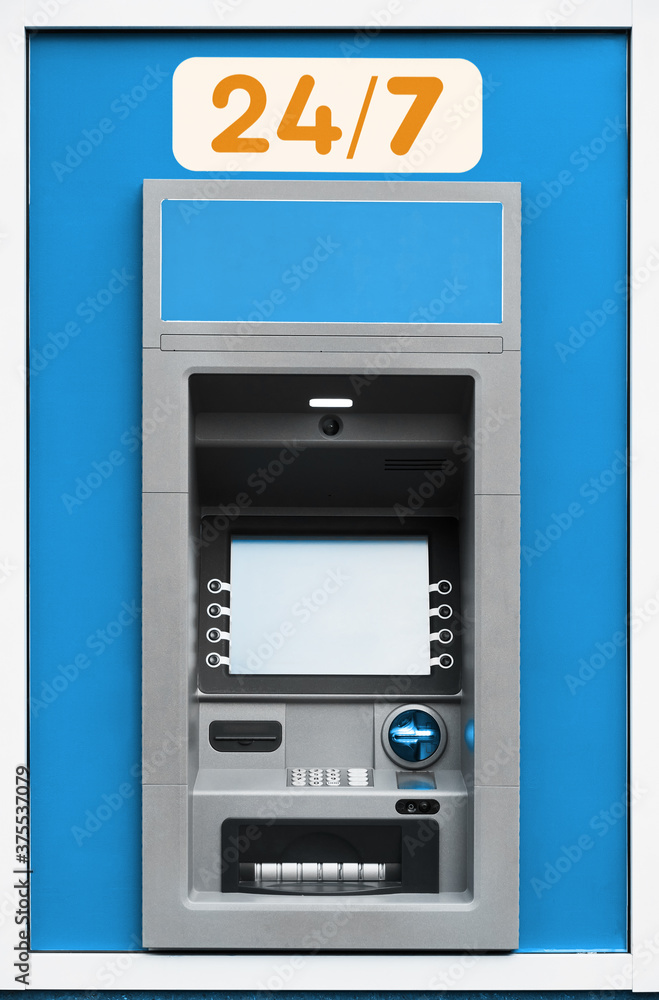 ATM machine, photo of one object in detail as a background, blue color ATM machine, photo of one object in detail as a background, blue color