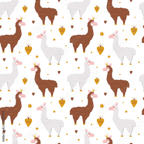 Seamless pattern with llama and hand drawn elements.