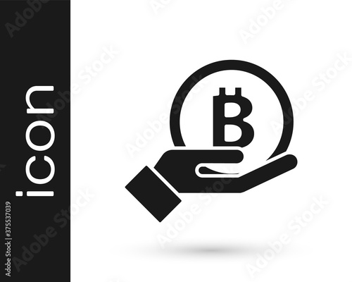 Black Hand holding Bitcoin icon isolated on white background. Blockchain technology, digital money market, cryptocoin wallet. Vector.