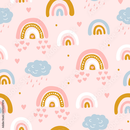 Seamless pattern with cloud and rainbow in the sky.  Creative kids hand drawn texture for fabric, wrapping, textile, wallpaper, apparel. Vector illustration