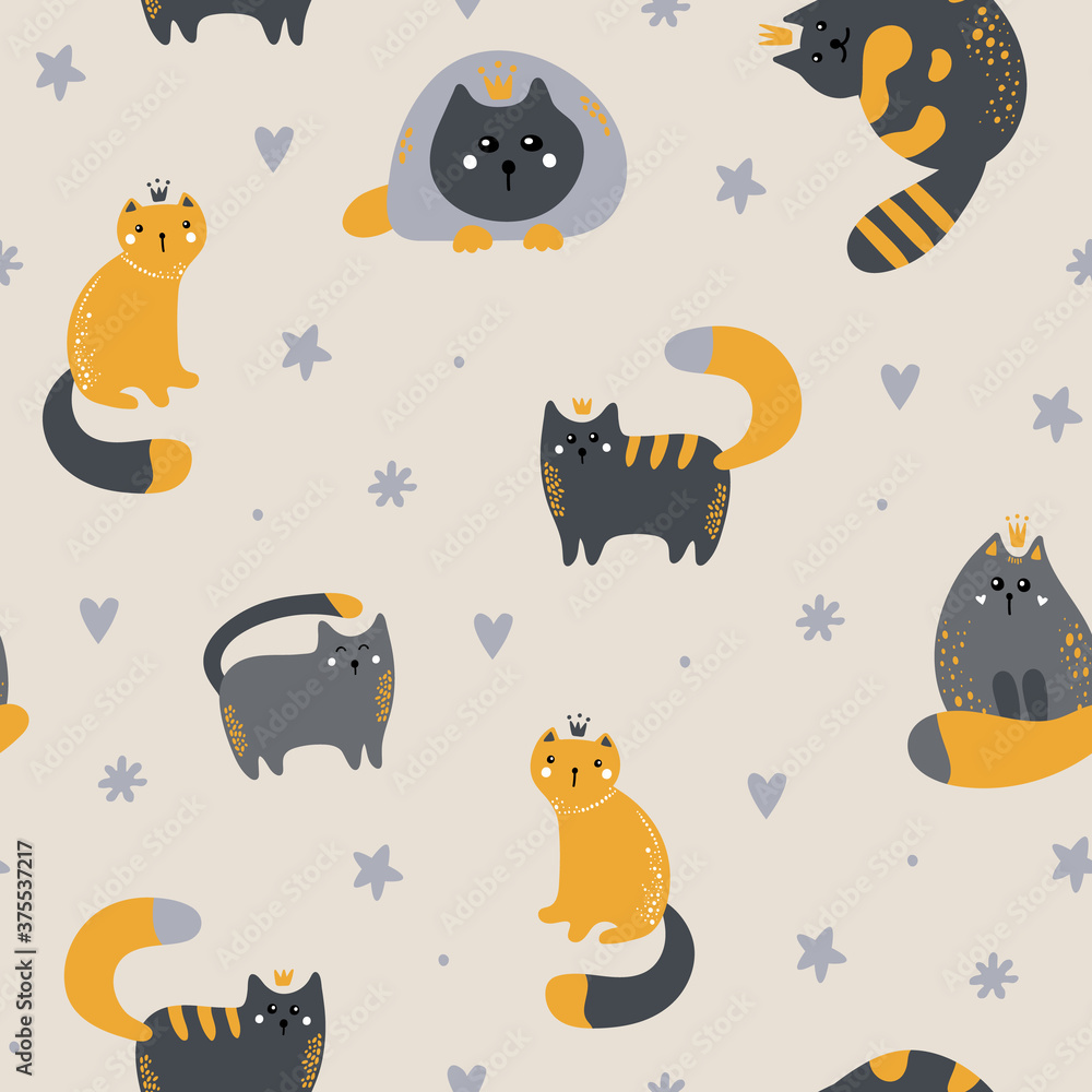 Seamless childish pattern with cute cats . Seamless childish pattern with cute cats .