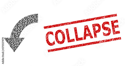 Fractal collage rotate down and Collapse scratched stamp print. Vector collage is formed from scattered rotate down icons. Stamp seal includes Collapse text between parallel lines.
