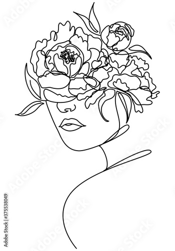 Beautiful woman face with peony flower drawing of continuous line,