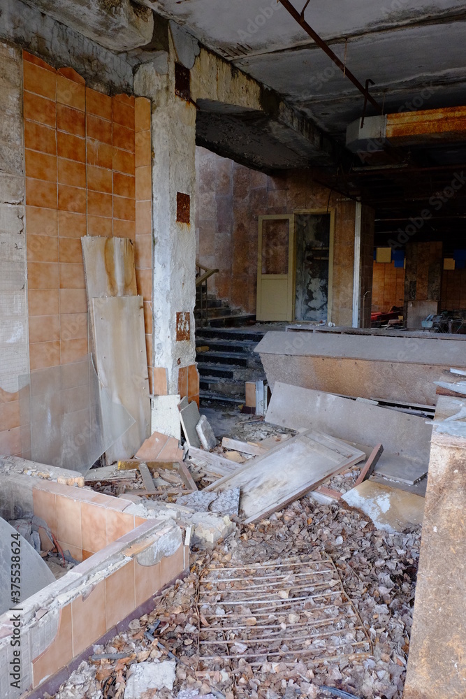 A plundered supermarket in the abandoned city of Pripyat. A dilapidated building contaminated with radiation.