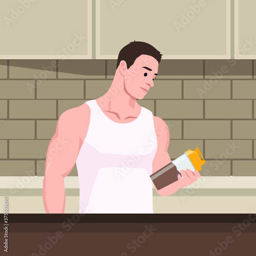 Sportsman making protein shake at his kitche. Muscula man preparing protein cocktail of bodybuilding food supplements. Man cooking protein cocktail. Vector flat design illustration. Horizontal layout.
