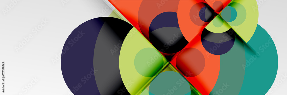 Bright color circles, abstract round shapes and triangles composition with shadow effects. Vector modern geometric design template Bright color circles, abstract round shapes and triangles composition with shadow effects. Vector modern geometric design template