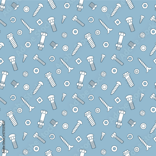 Seamless pattern of fasteners. Bolts, screws and nuts in doodle style. Hand drawn building material. Color vector illustration