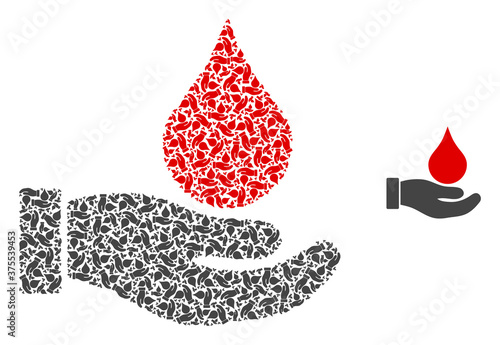 Vector blood donation hand mosaic is done of scattered recursive blood donation hand elements. Recursive combination of blood donation hand.