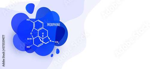 Morphine chemical formula, opium alkaloid with blue liquid fluid shapes on white background