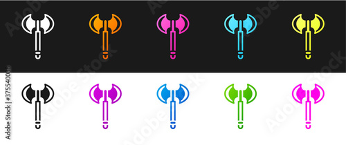 Set Medieval axe icon isolated on black and white background. Battle axe, executioner axe. Medieval weapon. Vector.