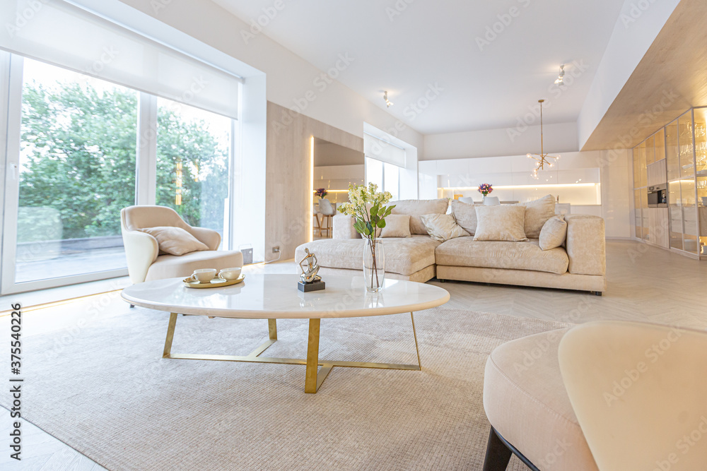 trendy modern interior design of a large studio in white and beige colors with large floor-to-ceiling windows. area of white kitchen with an island and a recreation area trendy modern interior design of a large studio in white and beige colors with large floor-to-ceiling windows. area of white kitchen with an island and a recreation area