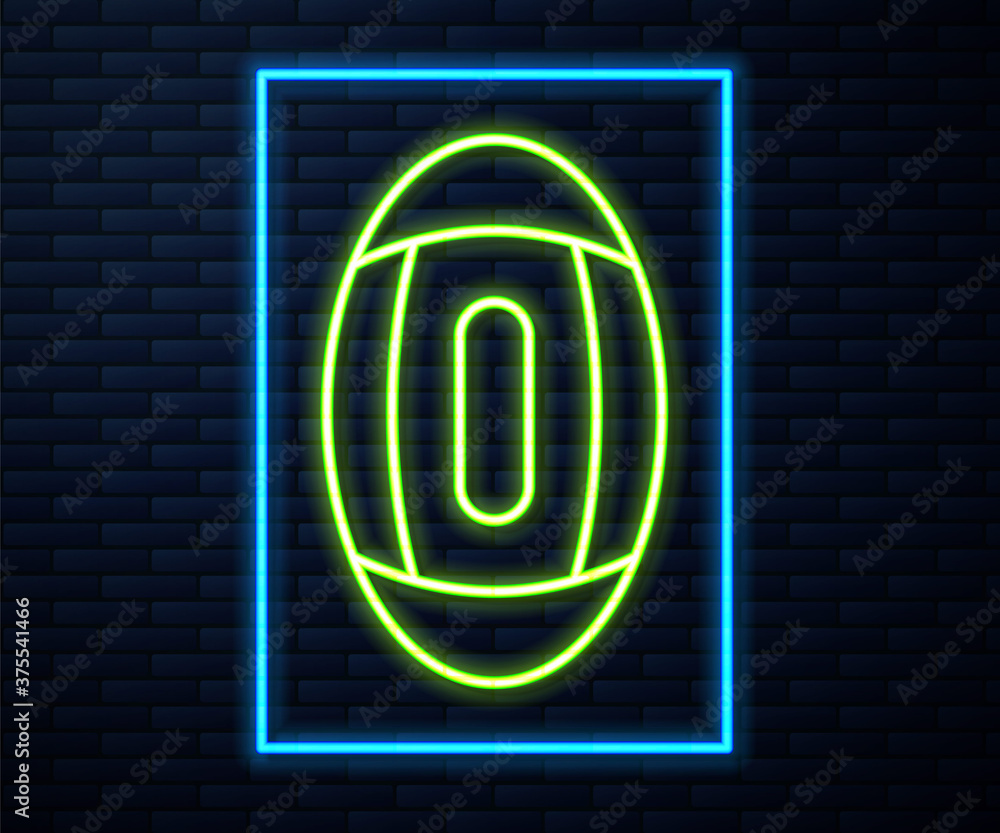 Obraz premium Glowing neon line American Football ball icon isolated on brick wall background. Rugby ball icon. Team sport game symbol. Vector Illustration.