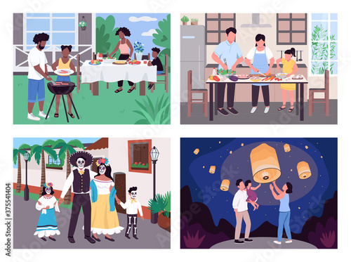 Worldwide culture flat color vector illustration set. African family bbq. Parents and kid cooking. Cultural diversity 2D cartoon scene with landscape and interior on background collection