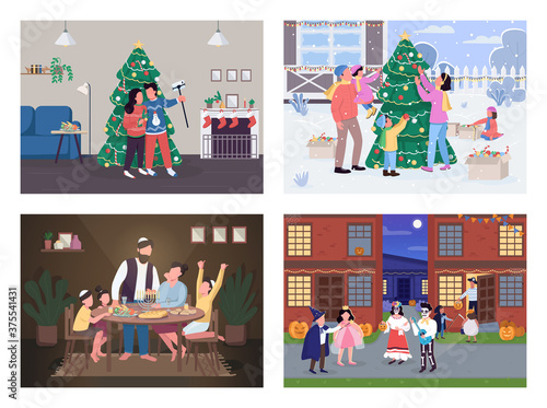 Traditional holiday celebration flat color vector illustration set. Jewish people on hanukkah. Christmas day. Family 2D cartoon characters with home interior on background collection