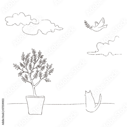 オリーブ猫鳥　線画
Olives, cats and birds