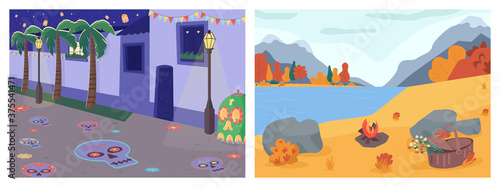 Seasonal scenery flat color vector illustration set. City carnival. Autumn in countryside. Urban and nature 2D cartoon landscape with cityscape and mountainside on background collection