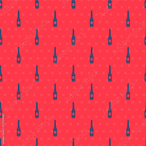 Blue line Awl tool with wooden handle icon isolated seamless pattern on red background. Work equipment tailor industry. Vector Illustration.