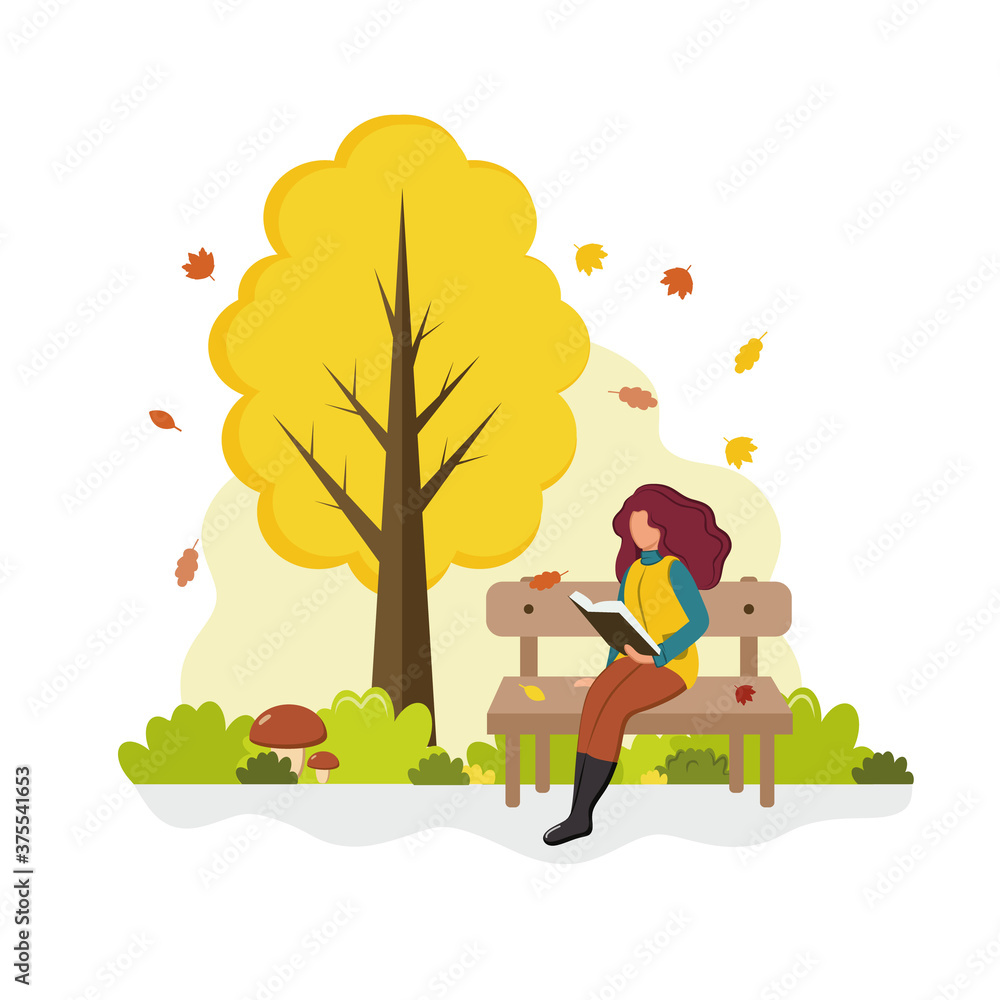 A woman in a sweater sits on a bench and reads a book in an autumn Park. Vector flat cartoon illustration. A woman in a sweater sits on a bench and reads a book in an autumn Park. Vector flat cartoon illustration.
