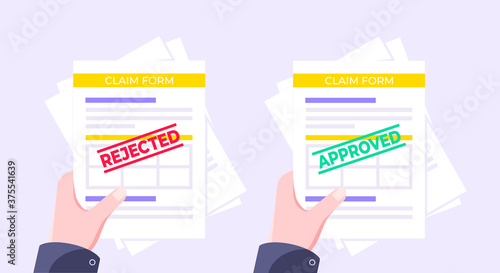 Hands hold rejected and approved claim or credit loan forms, paper sheets and stamps flat style design vector illustration. Verify or deny document, cv resume, insurance application form set.