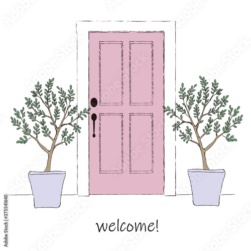 玄関ドアとオリーブの木　カラー
Entrance door and olive tree color