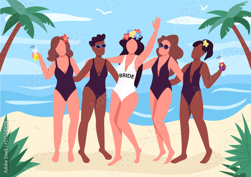 Beach party flat color vector illustration. Cheerful girls in swimming suits. Strong female friendship. Pre-wedding celebration. Hen-party 2D cartoon faceless characters with seascape on background