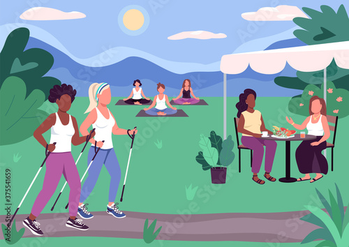 Outdoor activities flat color vector illustration. Race walking. Friendly meeting with picnic. Relaxation and sunbathing. Group yoga classes 2D cartoon faceless characters with park on background