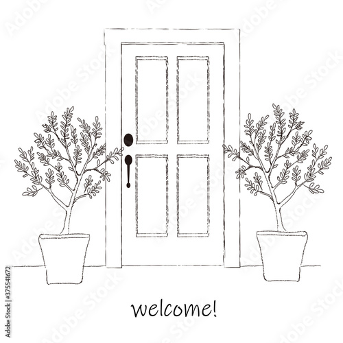 玄関ドアとオリーブの木 線画 Front Door And Olive Tree Line Drawing Stock Vector Adobe Stock