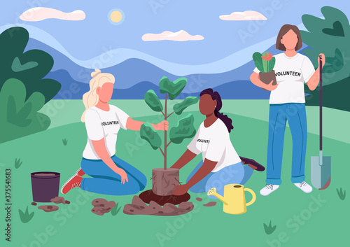 Ecofeminism flat color vector illustration. Volunteers plant tree. Girl scouts protect nature. Female ecologists. Women in ecology 2D cartoon faceless characters with nature scenery on background